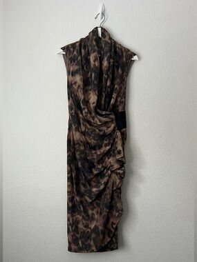 AllSaints Spitalfields Lenoix Silk Midi Wrap Dress Brown Animal Abstract UK12US8